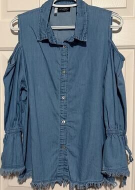 Angela Plus Blue Denim Cold Shoulder Long Sleeve Button Front Blouse Size ? - XL